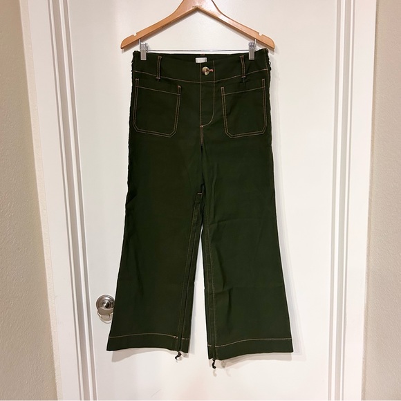 Pants - Anthropologie Maeve Colette Green Cropped Wide Leg Pants Contrast Stitch Size 30